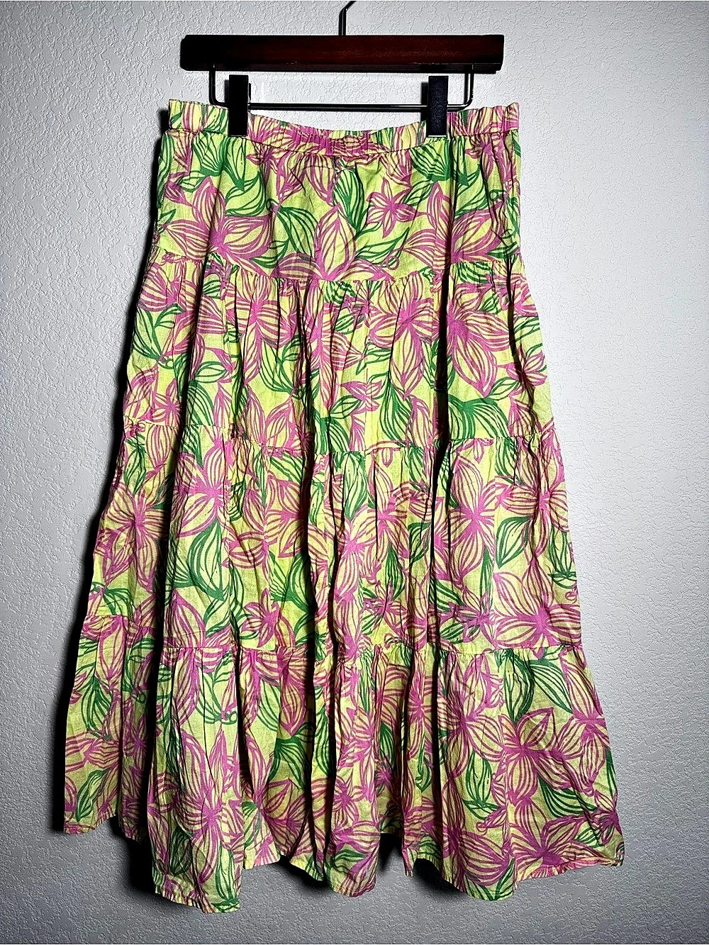 Lilly Pulitzer Skirt Womens XS Pink Green Floral Tiered Cotton Midi Preppy